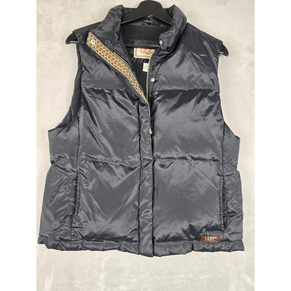 UGG Australia Puffer Vest Womens M Black Down Fill Full Zip Quilted Tasman Braid